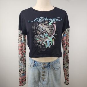 Ed Hardy Womens Koi Fish Graphic Crop Top Mesh Tattoo Sleeves Black XL